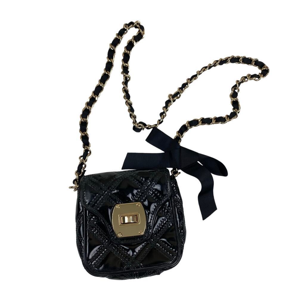 Talbots Black Quilted Leather Crossbody Bag Gold Chain Strap Bow Patent Finish
